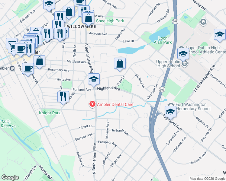 map of restaurants, bars, coffee shops, grocery stores, and more near 511 Highland Avenue in Ambler