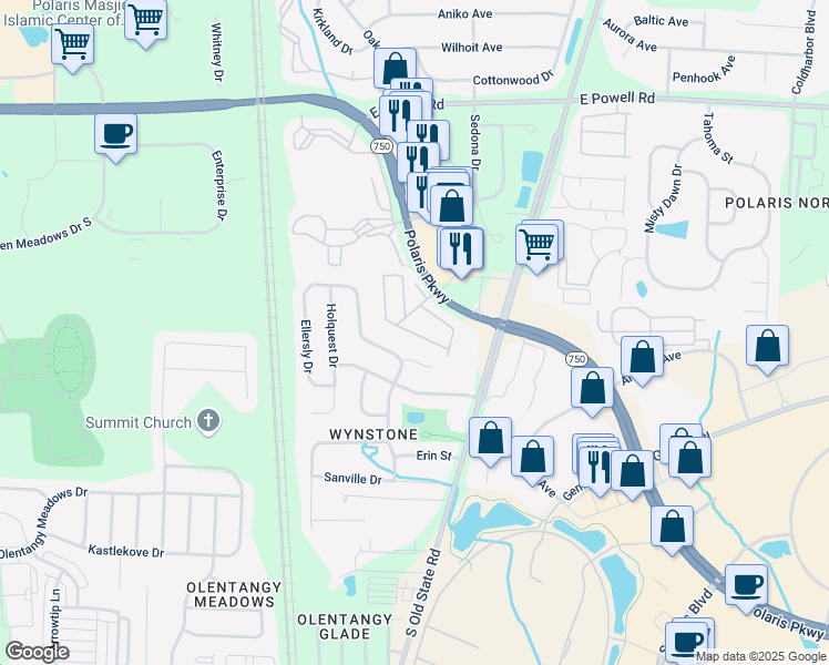 map of restaurants, bars, coffee shops, grocery stores, and more near 698 Parkbluff Way in Lewis Center