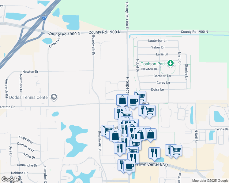 map of restaurants, bars, coffee shops, grocery stores, and more near 914 Interstate Drive in Champaign