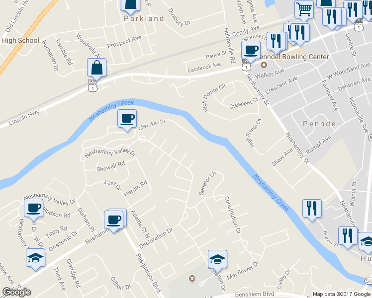 map of restaurants, bars, coffee shops, grocery stores, and more near 3141 Addison Court in Bensalem
