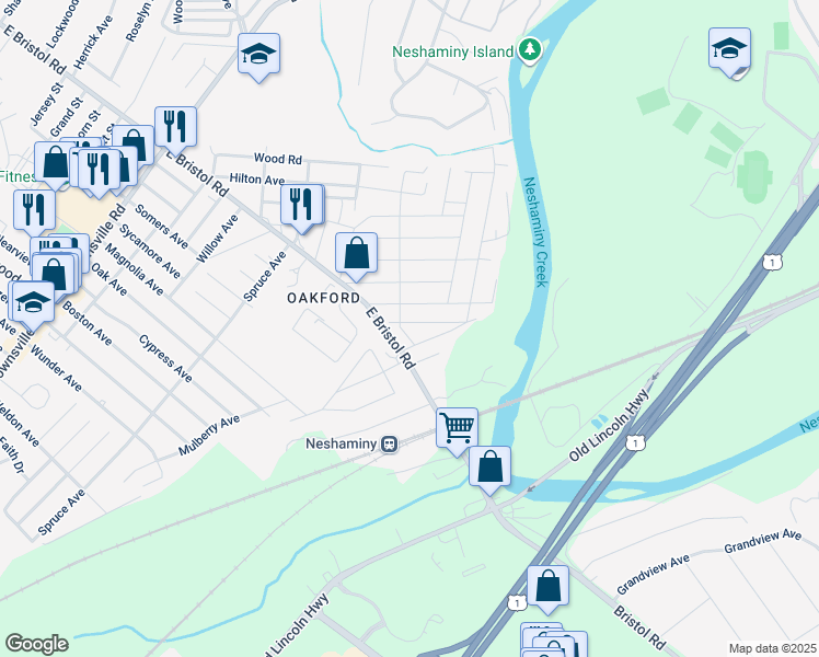 map of restaurants, bars, coffee shops, grocery stores, and more near 1219 Falls Avenue in Feasterville-Trevose