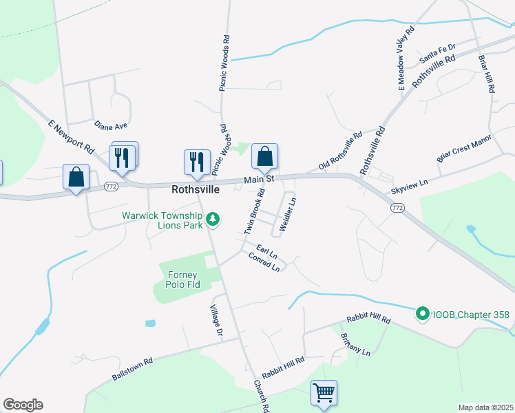 map of restaurants, bars, coffee shops, grocery stores, and more near 103 Park Lane in Lititz