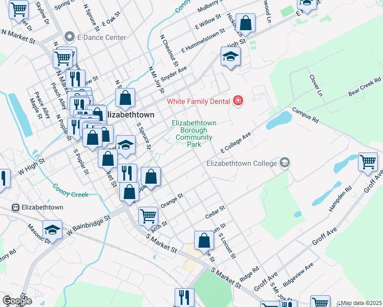map of restaurants, bars, coffee shops, grocery stores, and more near 308 South Mount Joy Street in Elizabethtown