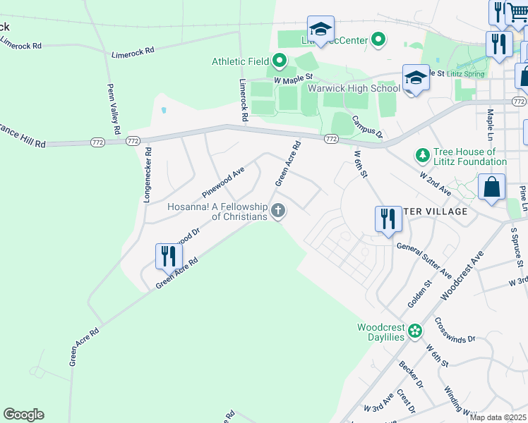 map of restaurants, bars, coffee shops, grocery stores, and more near 28 Green Acre Road in Lititz