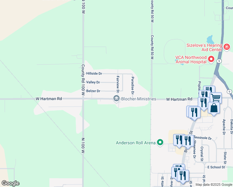 map of restaurants, bars, coffee shops, grocery stores, and more near 601 Belzer Drive in Anderson