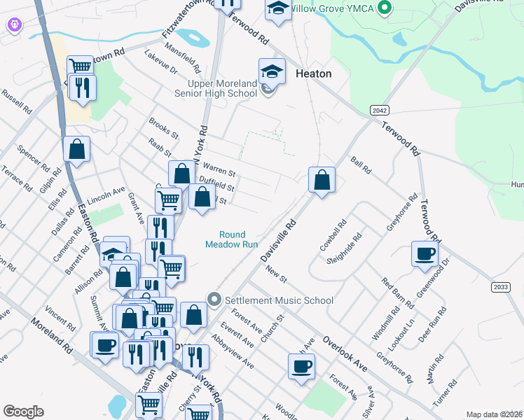map of restaurants, bars, coffee shops, grocery stores, and more near 253 Fairhill Street in Willow Grove