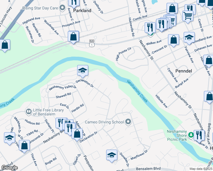 map of restaurants, bars, coffee shops, grocery stores, and more near 3141 Addison Court in Bensalem
