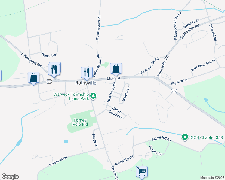 map of restaurants, bars, coffee shops, grocery stores, and more near 101 Park Lane in Lititz