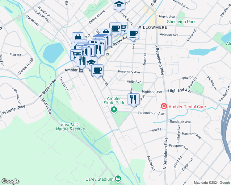 map of restaurants, bars, coffee shops, grocery stores, and more near 216 Highland Avenue in Ambler