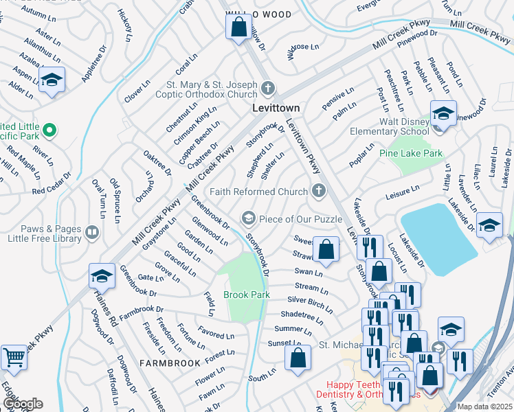 map of restaurants, bars, coffee shops, grocery stores, and more near 20 Shelter Lane in Levittown
