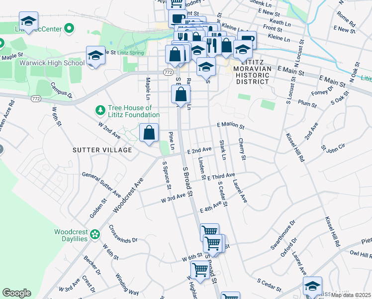 map of restaurants, bars, coffee shops, grocery stores, and more near 329 South Broad Street in Lititz