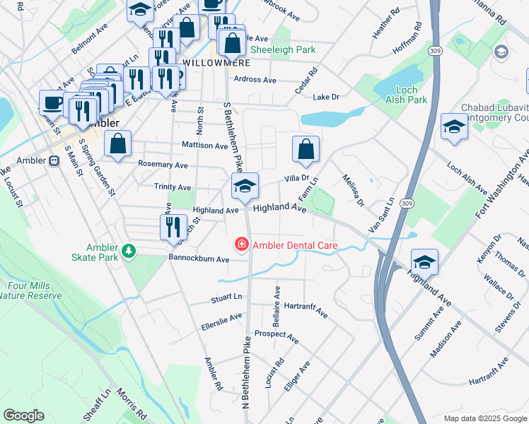 map of restaurants, bars, coffee shops, grocery stores, and more near 501 Highland Avenue in Ambler