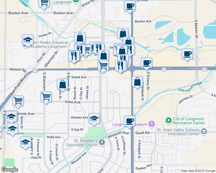 map of restaurants, bars, coffee shops, grocery stores, and more near 727 South Terry Street in Longmont