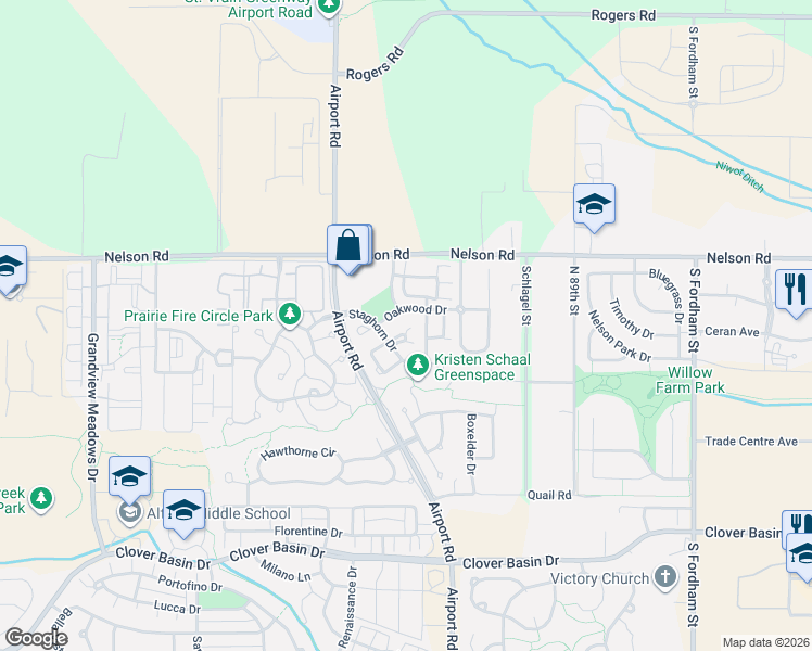 map of restaurants, bars, coffee shops, grocery stores, and more near 711 Thornwood Way in Longmont