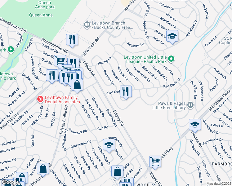 map of restaurants, bars, coffee shops, grocery stores, and more near 16 Red Cedar Drive in Levittown
