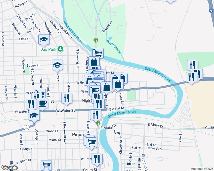 map of restaurants, bars, coffee shops, grocery stores, and more near 115 East Greene Street in Piqua