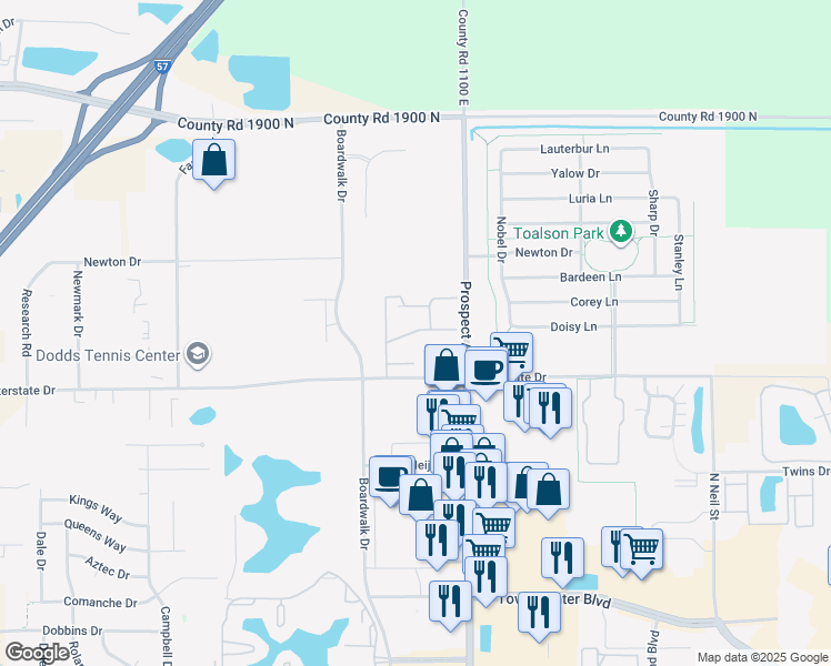 map of restaurants, bars, coffee shops, grocery stores, and more near 914 Interstate Drive in Champaign