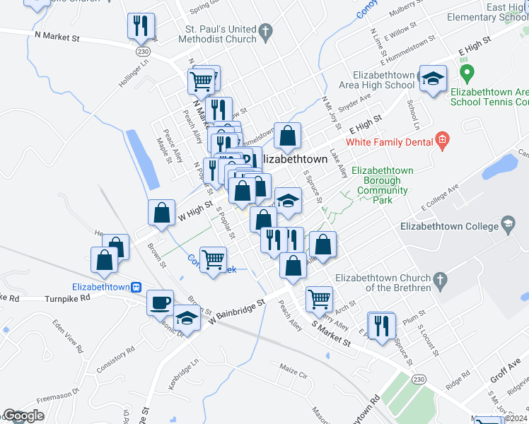 map of restaurants, bars, coffee shops, grocery stores, and more near 26 East Park Street in Elizabethtown