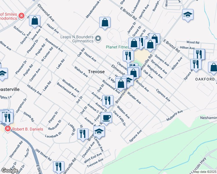 map of restaurants, bars, coffee shops, grocery stores, and more near 623 Rosewood Avenue in Feasterville-Trevose