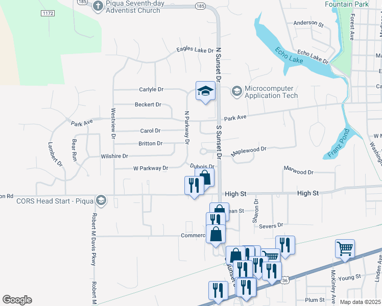 map of restaurants, bars, coffee shops, grocery stores, and more near 405 North Parkway Drive in Piqua