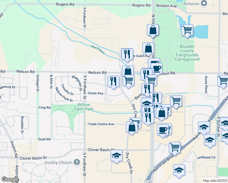 map of restaurants, bars, coffee shops, grocery stores, and more near 2801 Ceran Avenue in Longmont