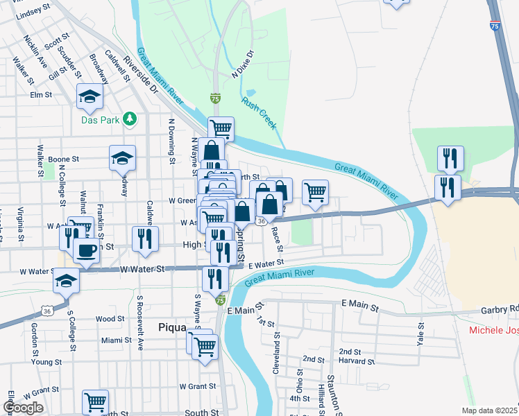 map of restaurants, bars, coffee shops, grocery stores, and more near 418 Harrison Street in Piqua
