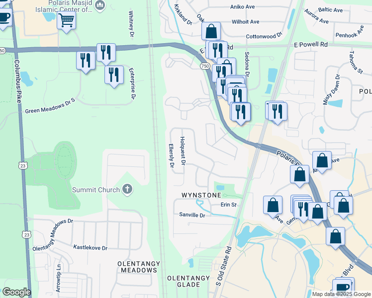 map of restaurants, bars, coffee shops, grocery stores, and more near 9076 Holquest Drive in Lewis Center