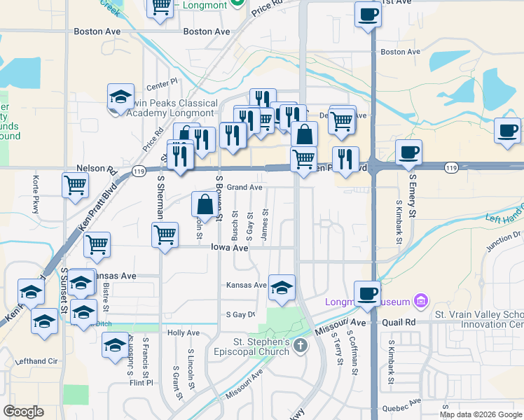 map of restaurants, bars, coffee shops, grocery stores, and more near 731 James Street in Longmont