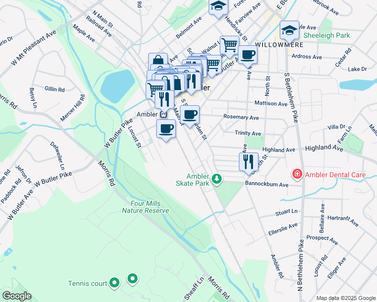 map of restaurants, bars, coffee shops, grocery stores, and more near 180 South Main Street in Ambler