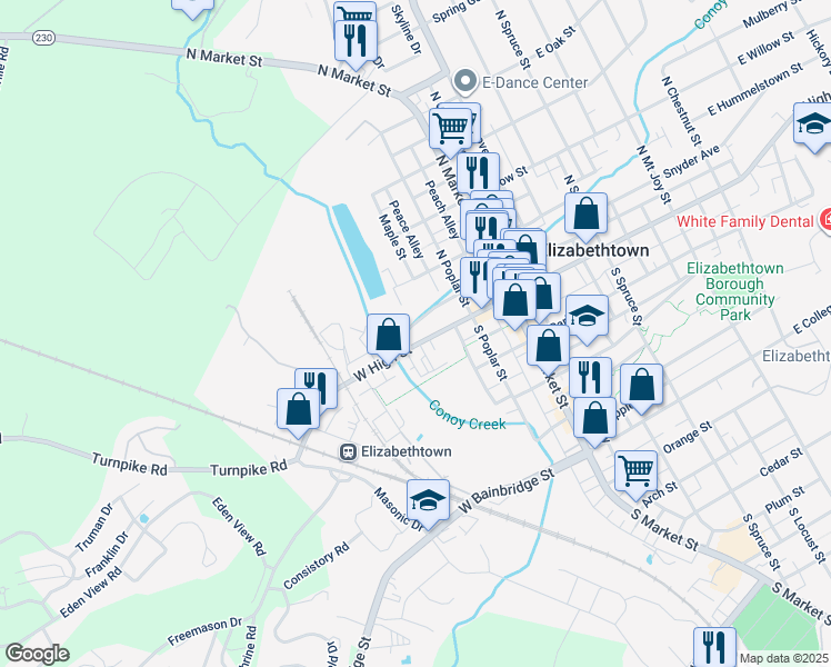 map of restaurants, bars, coffee shops, grocery stores, and more near 211 West High Street in Elizabethtown