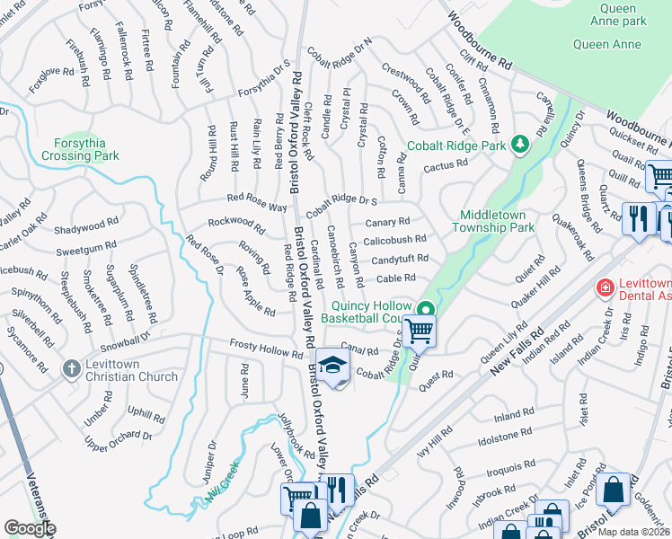 map of restaurants, bars, coffee shops, grocery stores, and more near 37 Canoebirch Road in Levittown