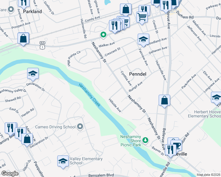 map of restaurants, bars, coffee shops, grocery stores, and more near 661 Pennhill Drive in Langhorne