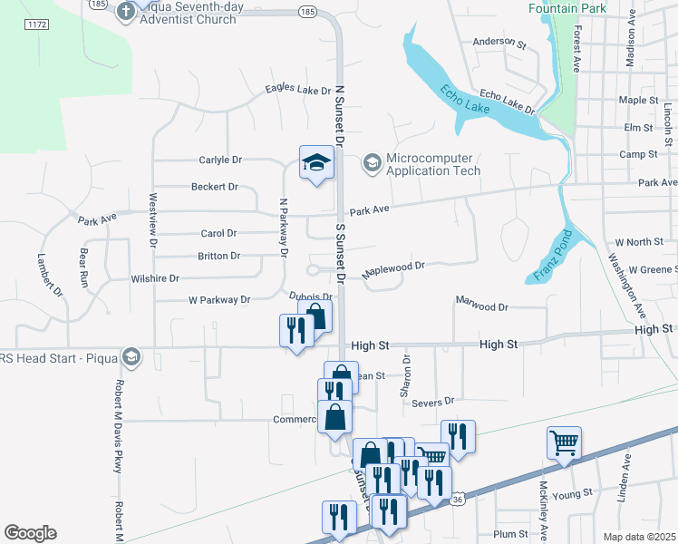 map of restaurants, bars, coffee shops, grocery stores, and more near 105 Parkridge Place in Piqua