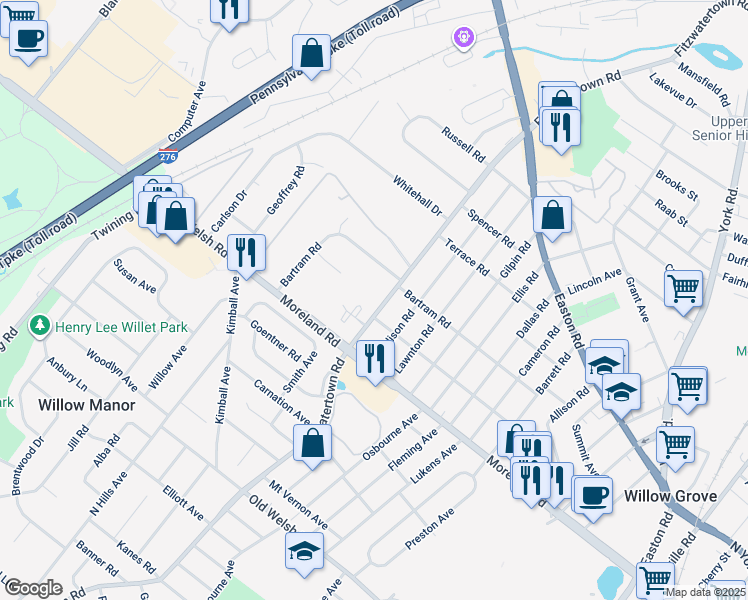 map of restaurants, bars, coffee shops, grocery stores, and more near 116 Fitzwatertown Road in Willow Grove