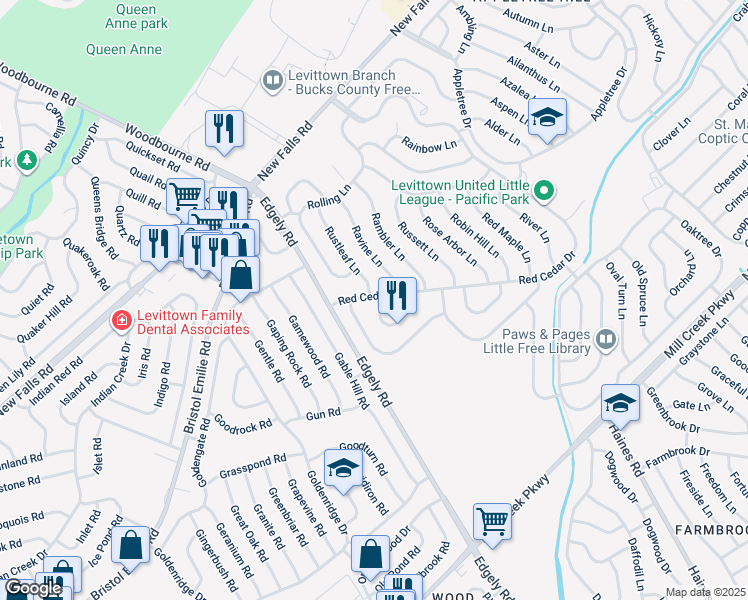 map of restaurants, bars, coffee shops, grocery stores, and more near 6 Roundabout Lane in Levittown