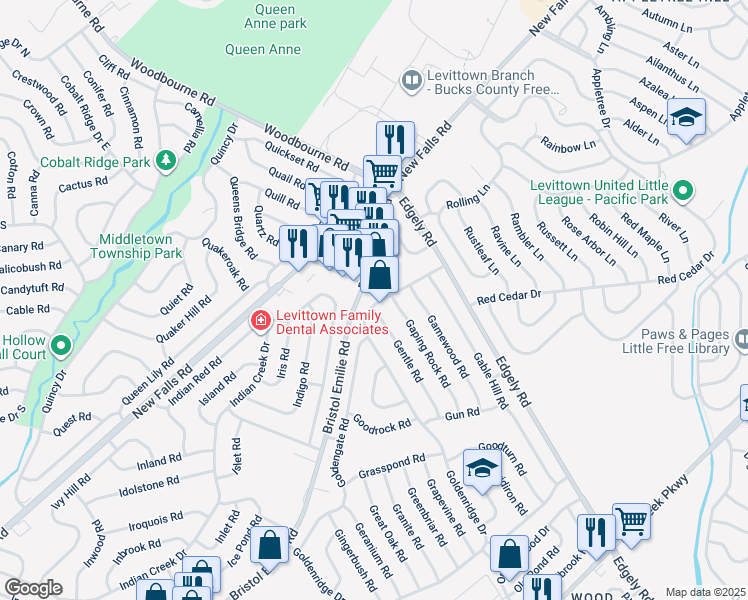 map of restaurants, bars, coffee shops, grocery stores, and more near 315 Goldenridge Dr in Levittown