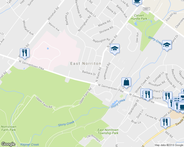 map of restaurants, bars, coffee shops, grocery stores, and more near 505 Barbara Drive in Norristown