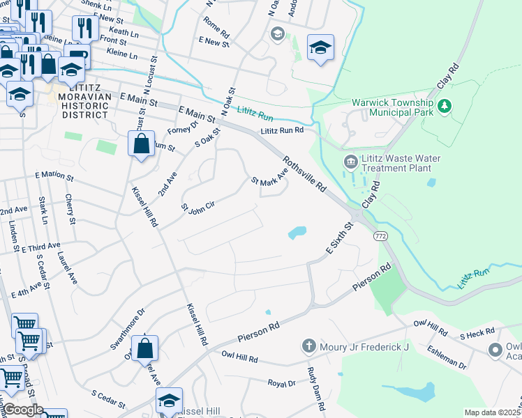 map of restaurants, bars, coffee shops, grocery stores, and more near 601 Blue Spruce Drive in Lititz