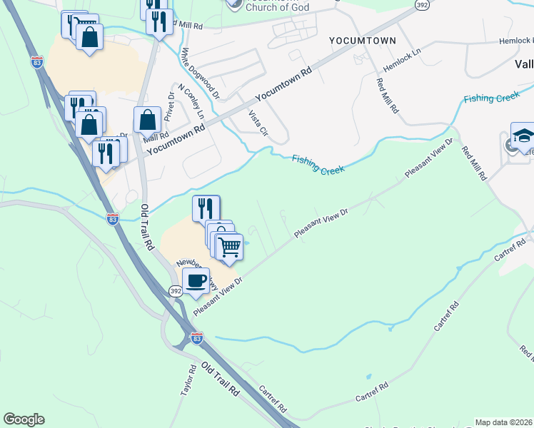 map of restaurants, bars, coffee shops, grocery stores, and more near 285 Pleasant View Drive in Goldsboro