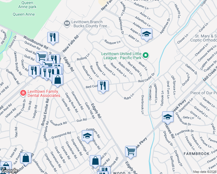 map of restaurants, bars, coffee shops, grocery stores, and more near 47 Roundabout Lane in Levittown