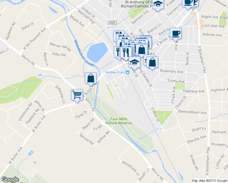 map of restaurants, bars, coffee shops, grocery stores, and more near 203 Locust Street in Ambler