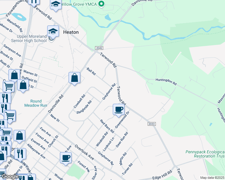 map of restaurants, bars, coffee shops, grocery stores, and more near 132 Greyhorse Road in Willow Grove