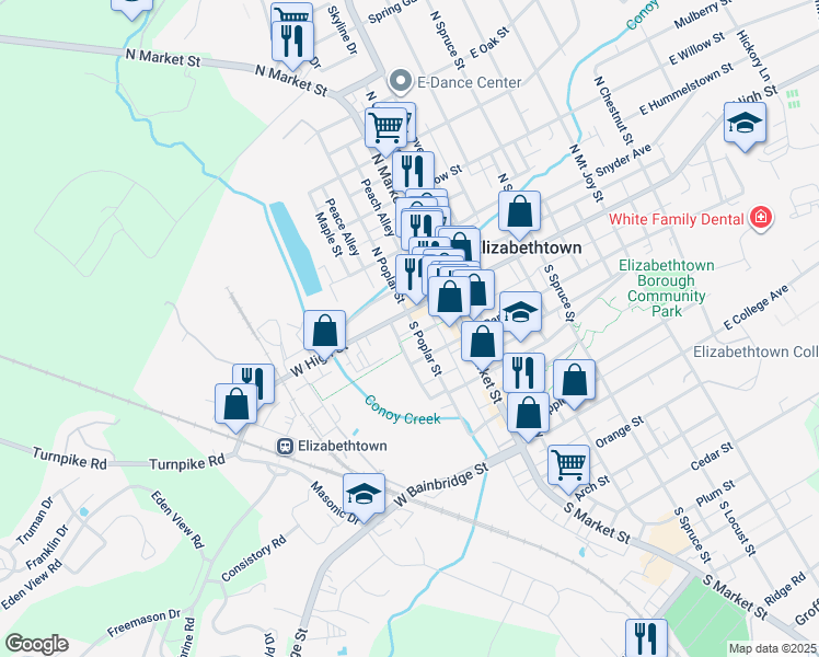 map of restaurants, bars, coffee shops, grocery stores, and more near 22 South Poplar Street in Elizabethtown