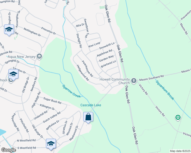 map of restaurants, bars, coffee shops, grocery stores, and more near 22 Peachstone Road in Howell Township