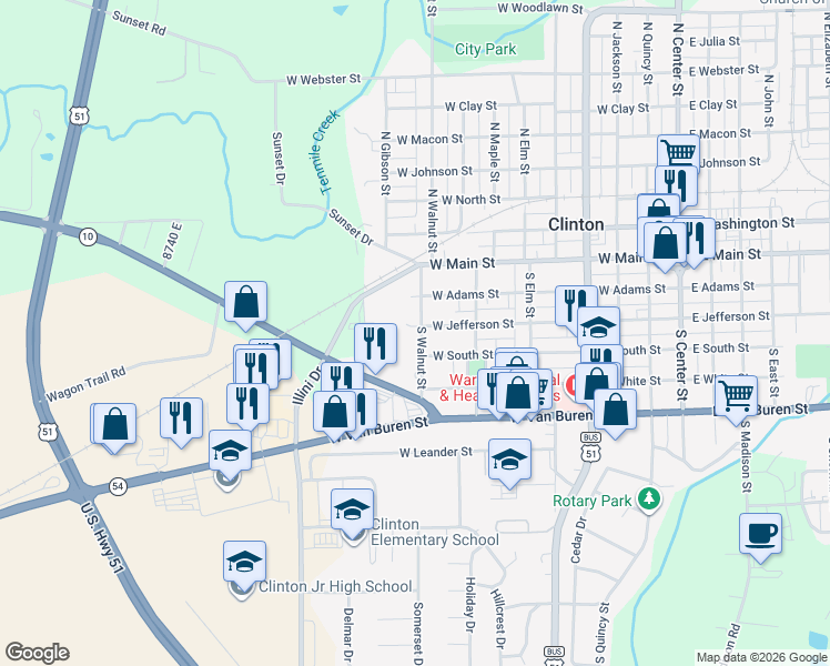 map of restaurants, bars, coffee shops, grocery stores, and more near 301 South Walnut Street in Clinton