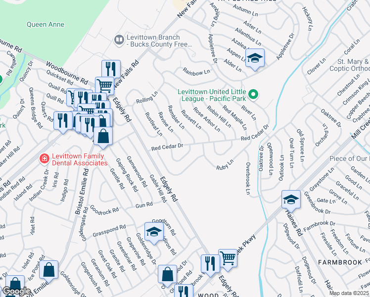 map of restaurants, bars, coffee shops, grocery stores, and more near 40 Red Cedar Drive in Levittown