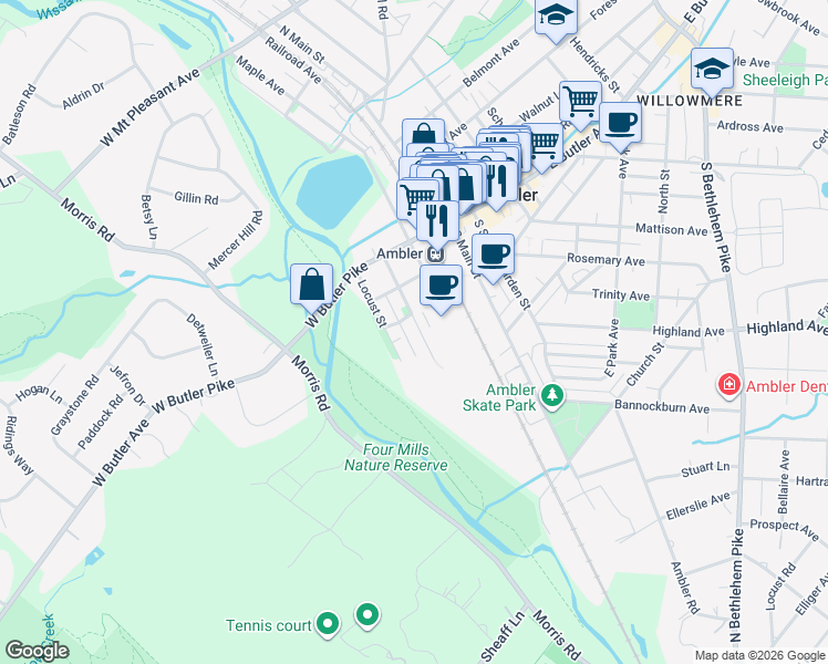 map of restaurants, bars, coffee shops, grocery stores, and more near 208 South Chestnut Street in Ambler