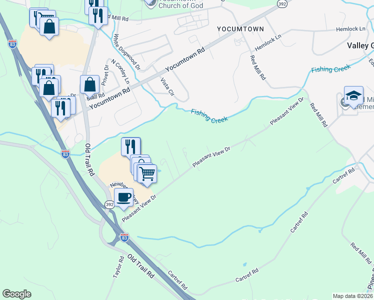 map of restaurants, bars, coffee shops, grocery stores, and more near 285 Pleasant View Drive in York County