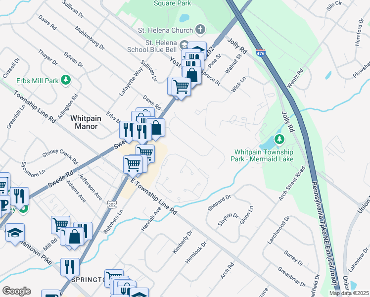 map of restaurants, bars, coffee shops, grocery stores, and more near 1346 Cernan Lane in Blue Bell