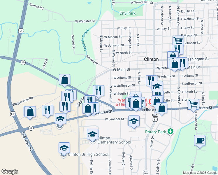 map of restaurants, bars, coffee shops, grocery stores, and more near 301 South Walnut Street in Clinton